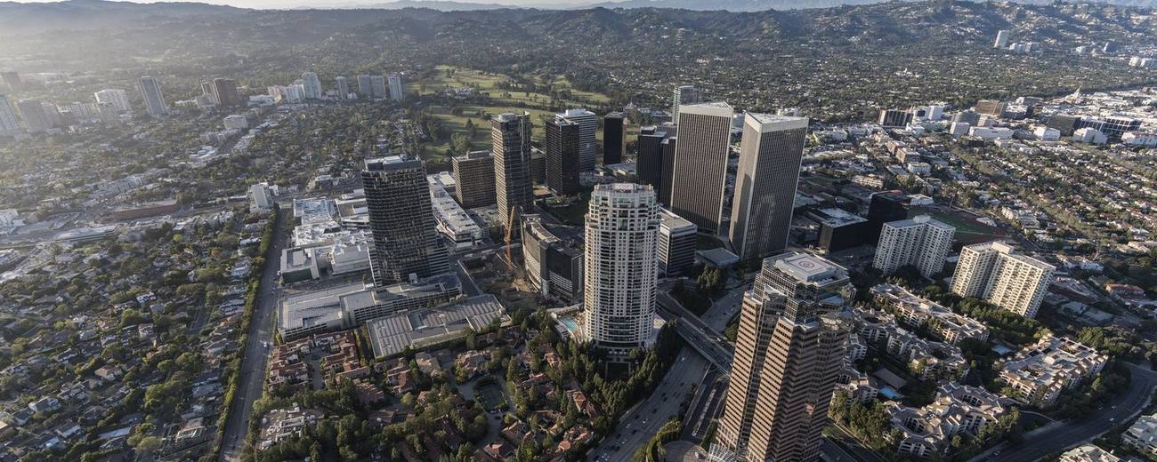 Century City towers with the Santa Monica Mountains beyond