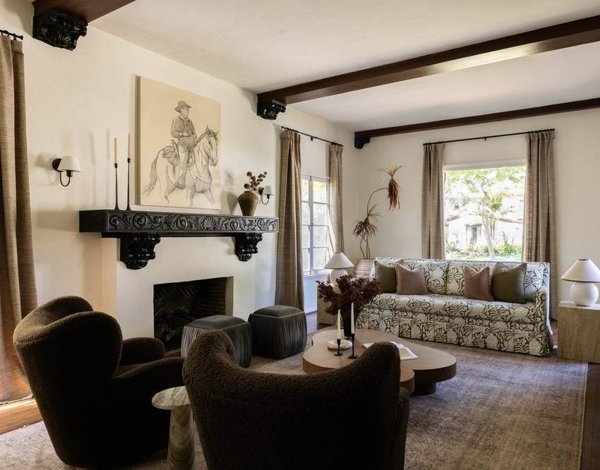 Formal living room with carved mantel and beamed ceiling, 146 S Martel Avenue
