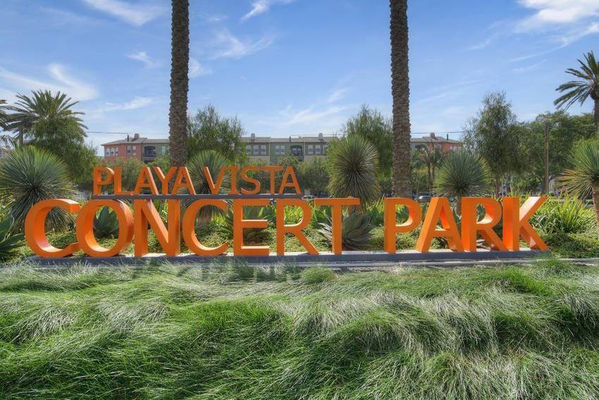 The Playa Vista Concert Park sign above the lawn