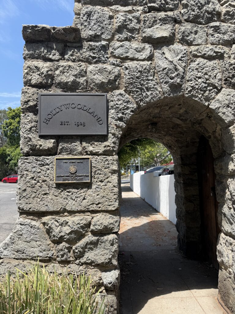 The 1923 Hollywoodland stone gate at the entrance to Beachwood Canyon